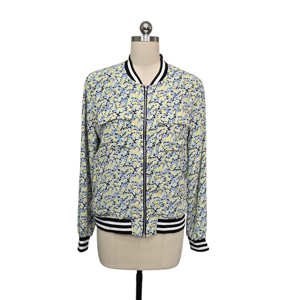 Equipment Femme Silk Floral Bomber Jacket Yellow Blue Zip Front‎ Size Small